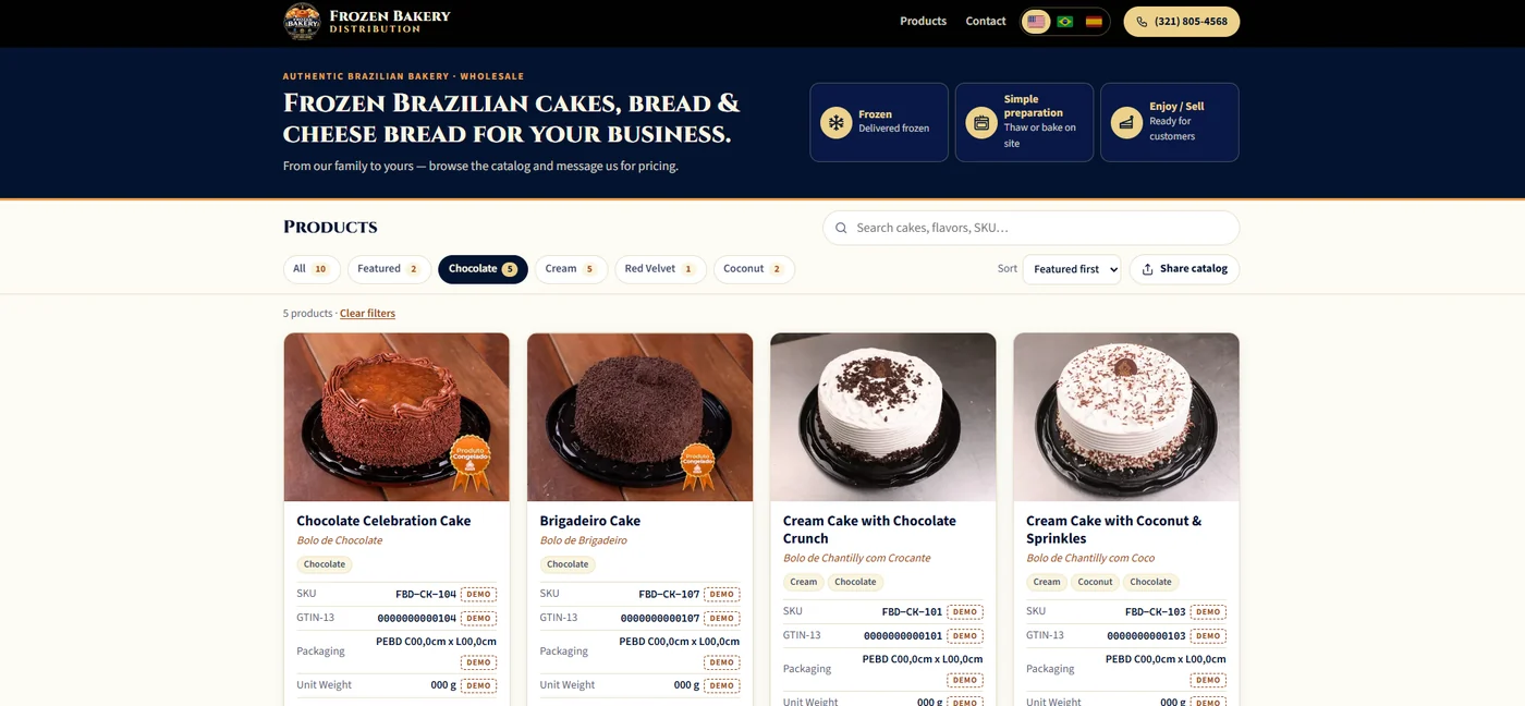 Frozen Bakery Distribution live catalog on desktop: product search, category filters, sorting, a share-catalog button and product cards with SKU details.